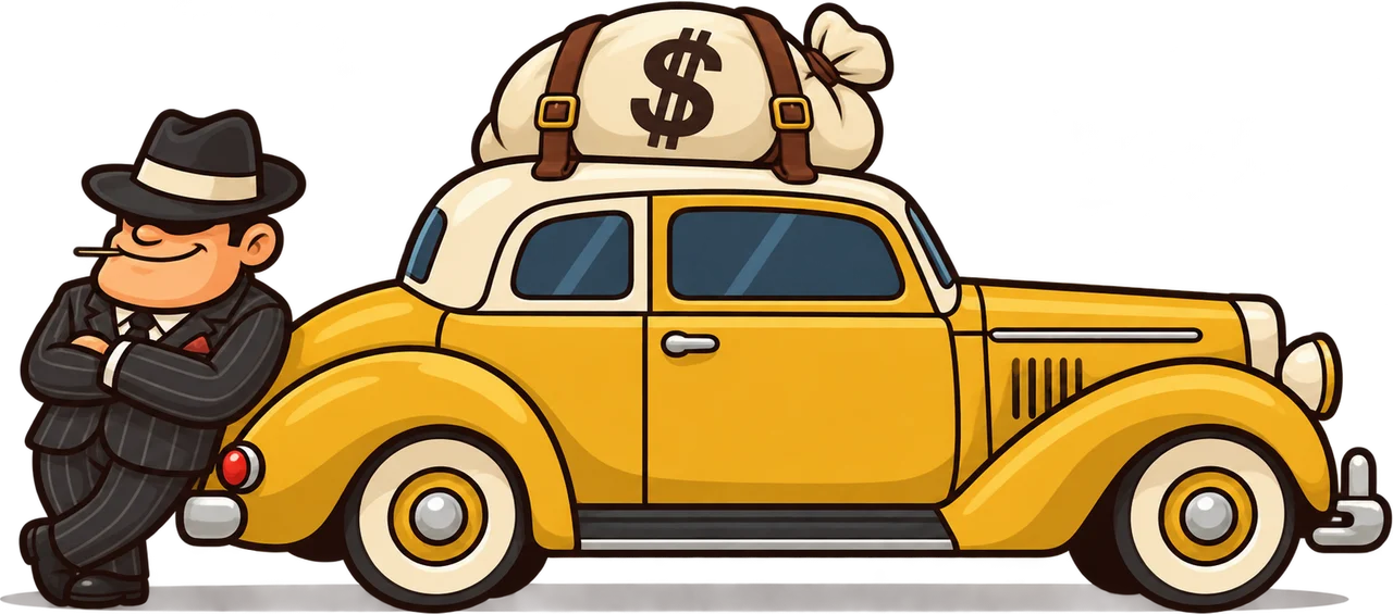 A yellow getaway car seen from the side, a sack of money on its roof and a mobster in a pinstripe suit leaning on it