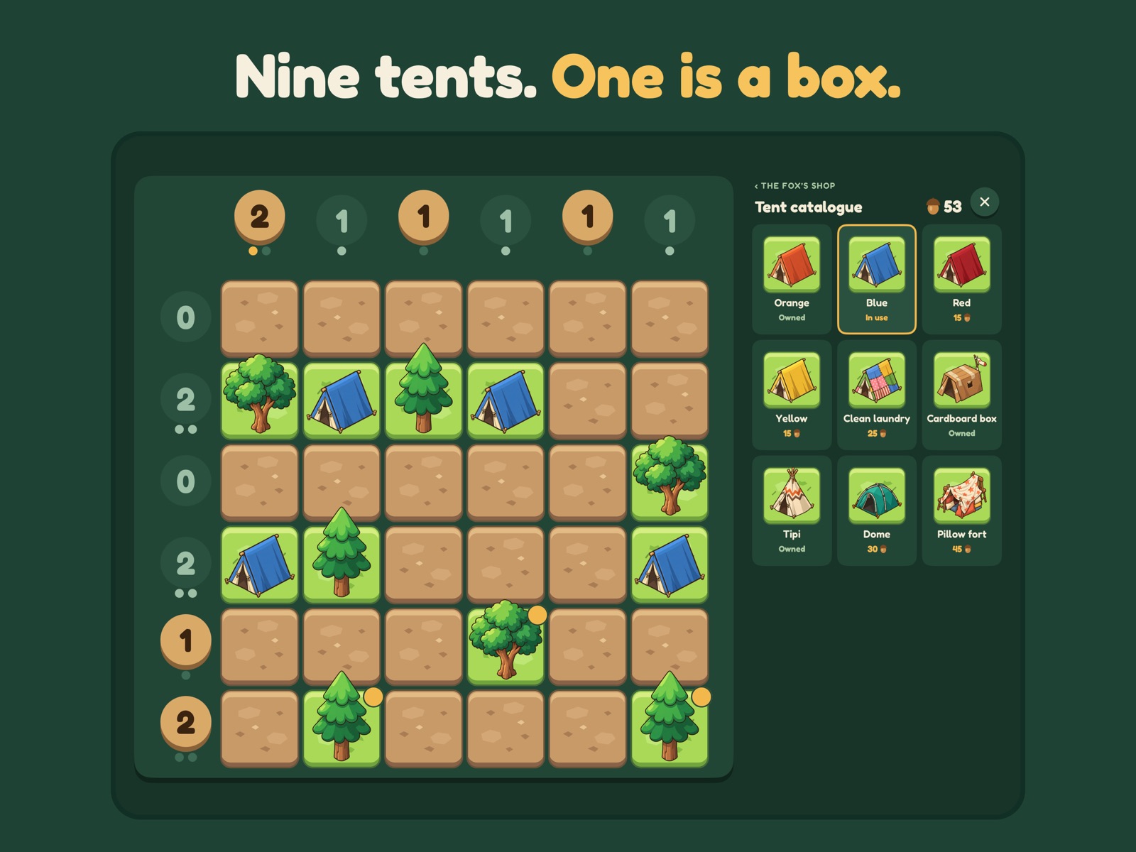 The game on iPad: board on the left and the tent catalogue on the right