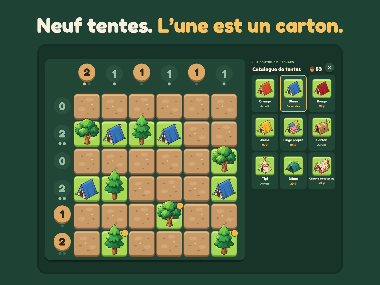 Le jeu sur iPad : plateau à gauche et catalogue de tentes à droite