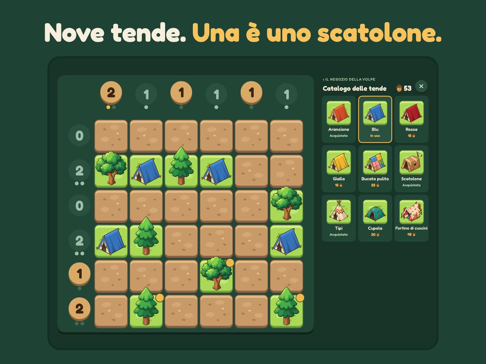 Il gioco su iPad: tavola a sinistra e catalogo delle tende a destra