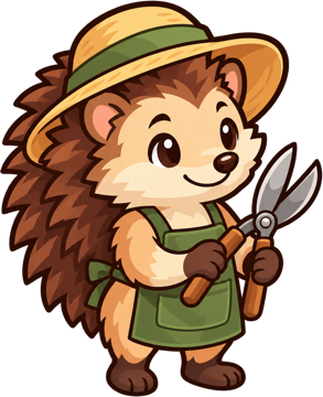 The hedgehog, with a straw hat and hedge shears