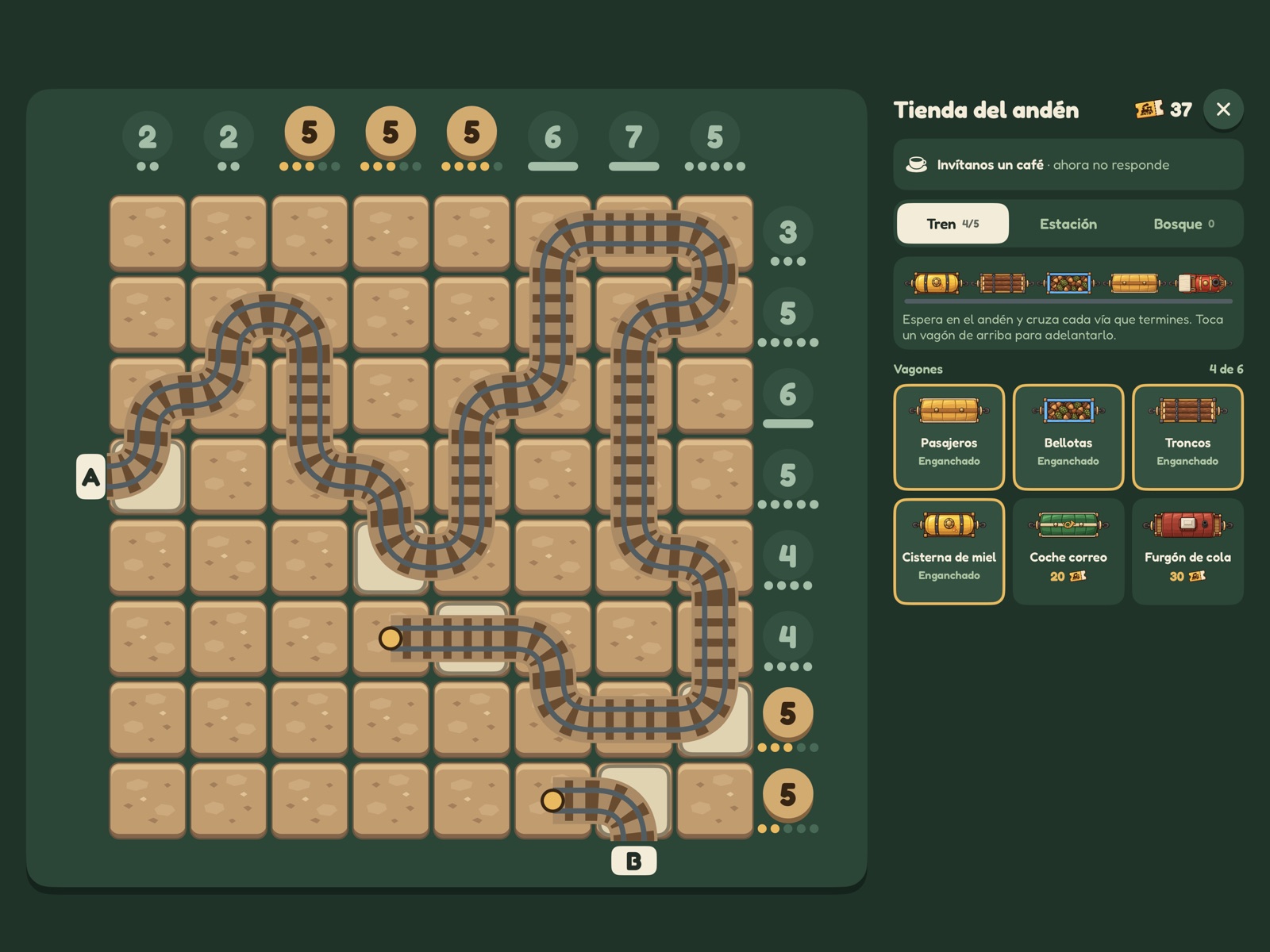 El juego en iPad: tablero a la izquierda y la tienda del andén a la derecha