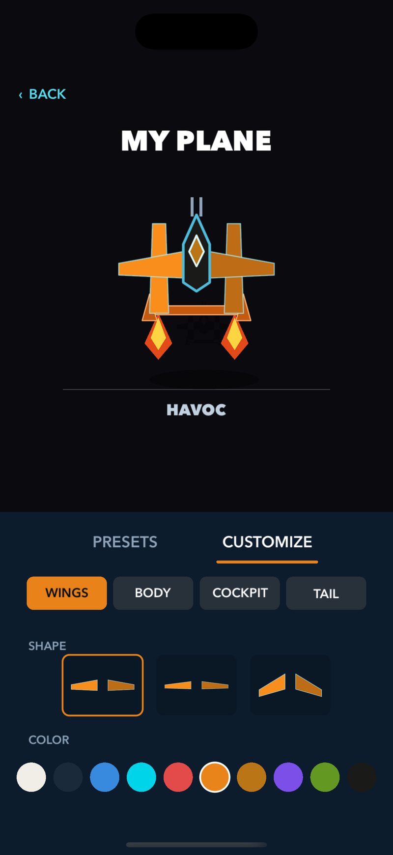 The plane editor, with an orange plane on a dark screen