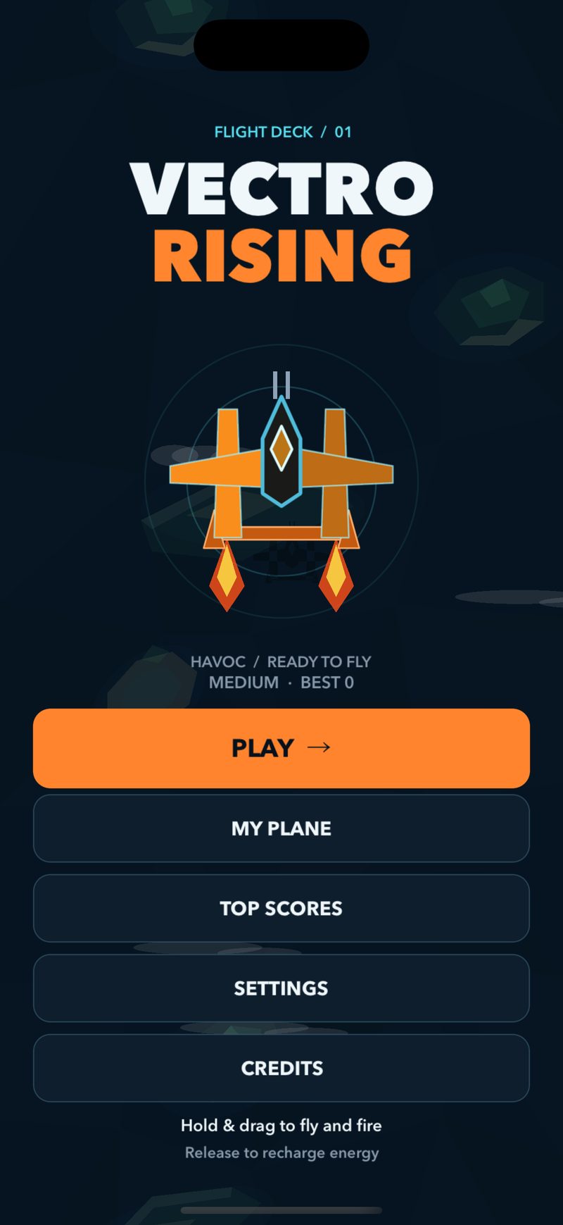 The title screen, with Play, My plane, Top scores, Settings and Credits