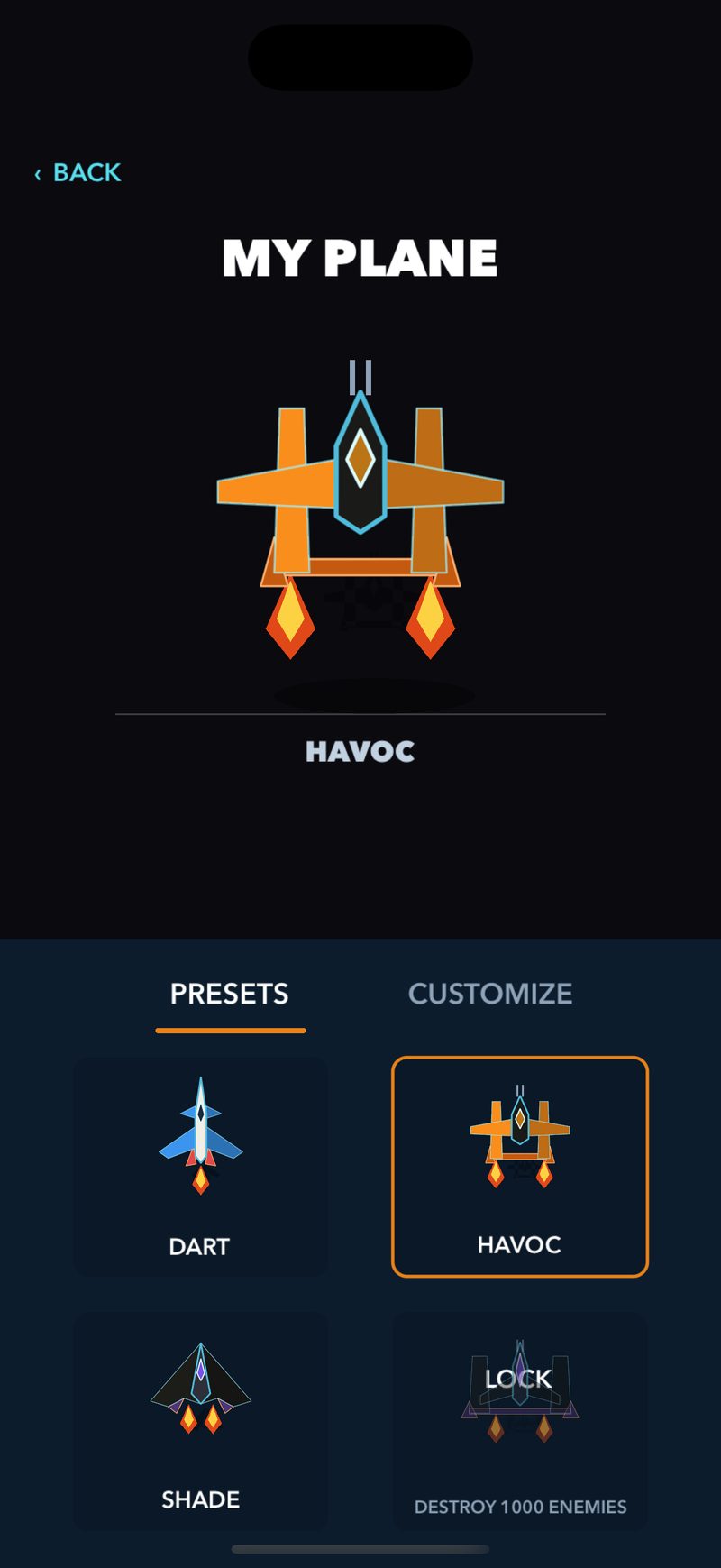 The plane picker, with several preset planes