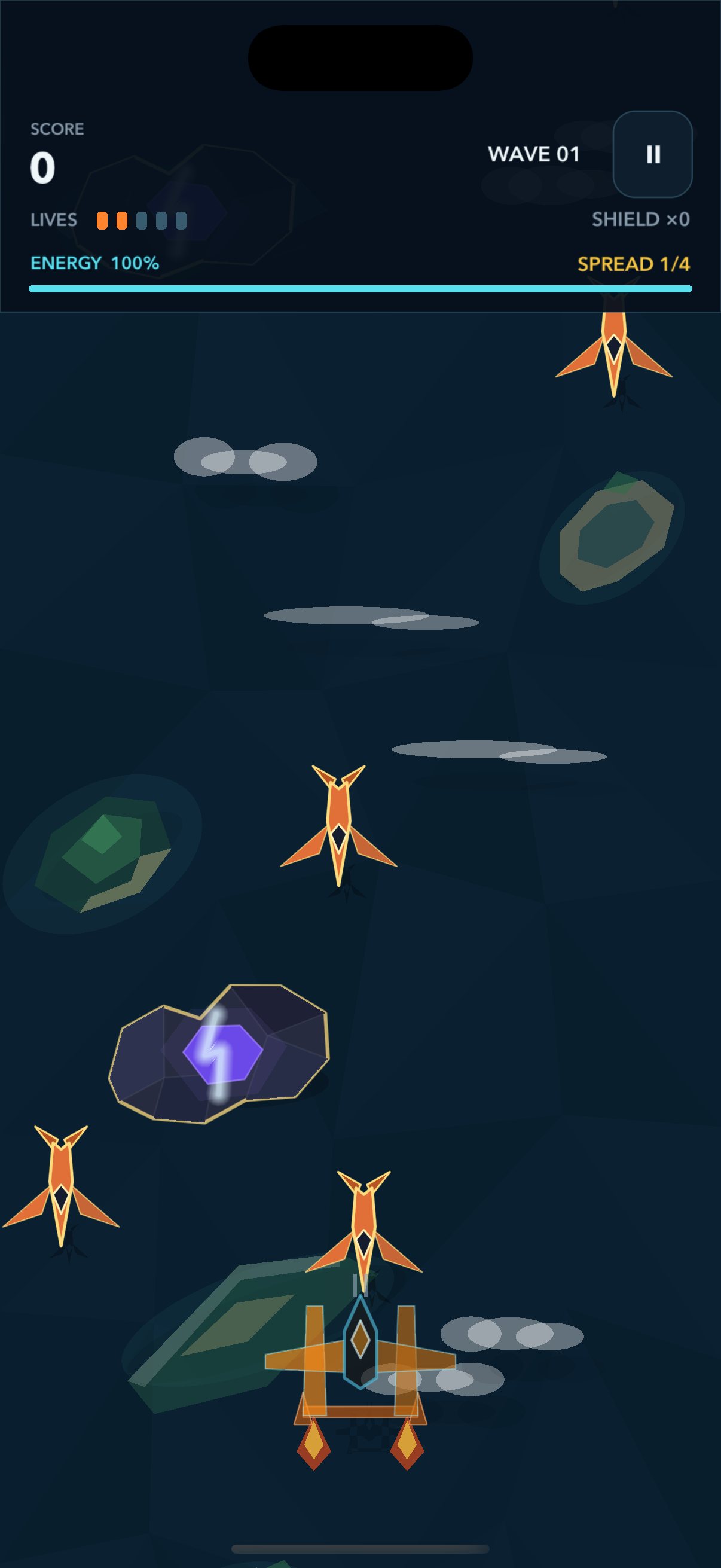 Vectro Rising: an orange plane flying up through geometric enemies
